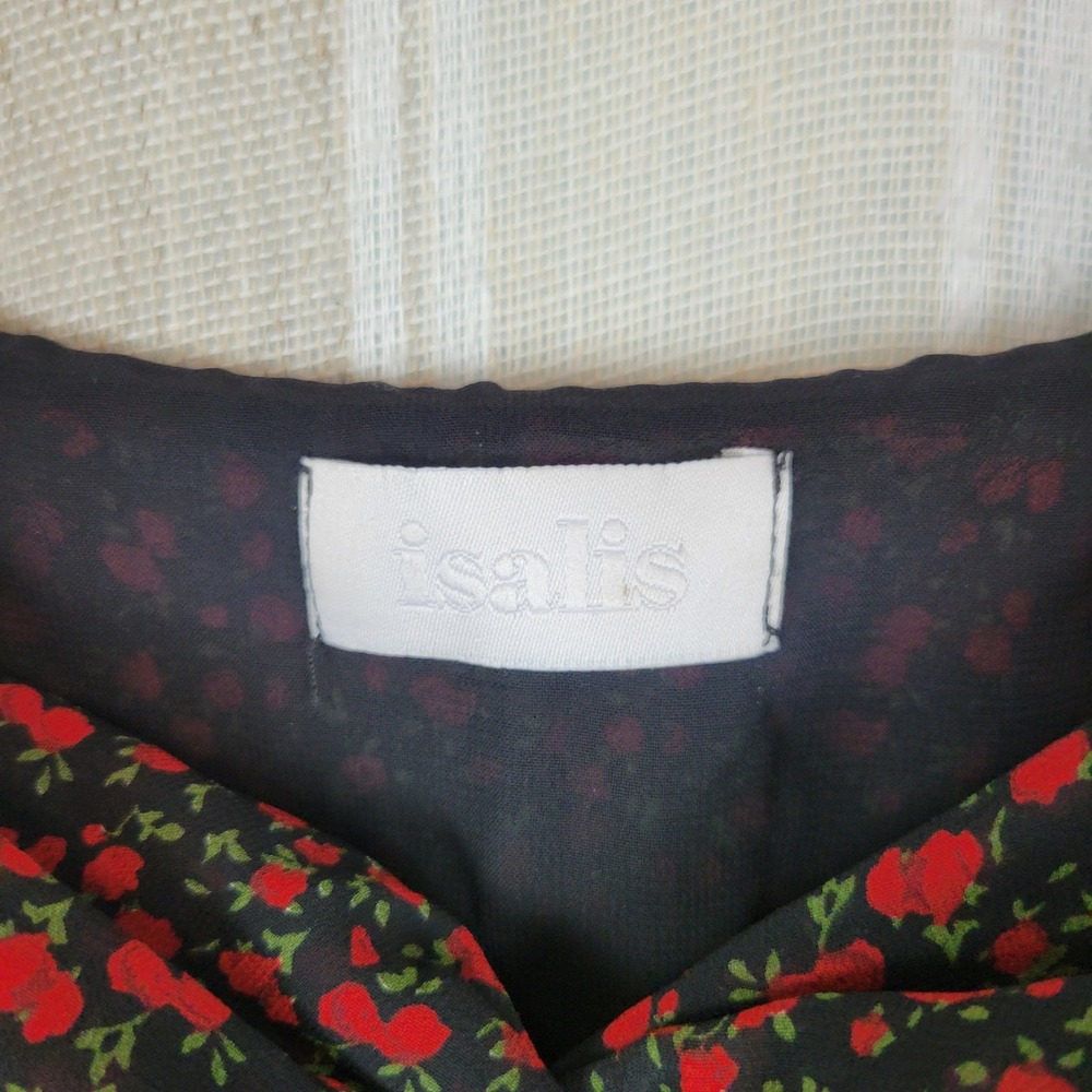 Isalis Puffed Sleeve Ditsy Floral Maxi Dress Size Large Sweetheart Neckline Red - Picture 3 of 11